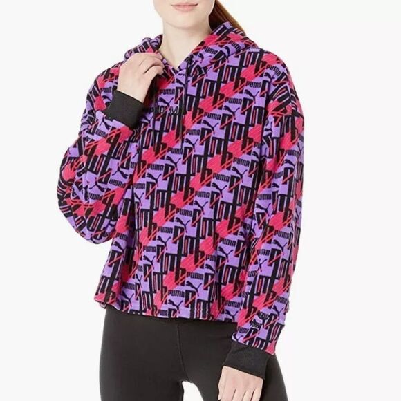 PUMA XTG 595635-64 Retro All-Over Print Fleece Hoodie Purple‎ Pink Women's Large - Picture 1 of 11